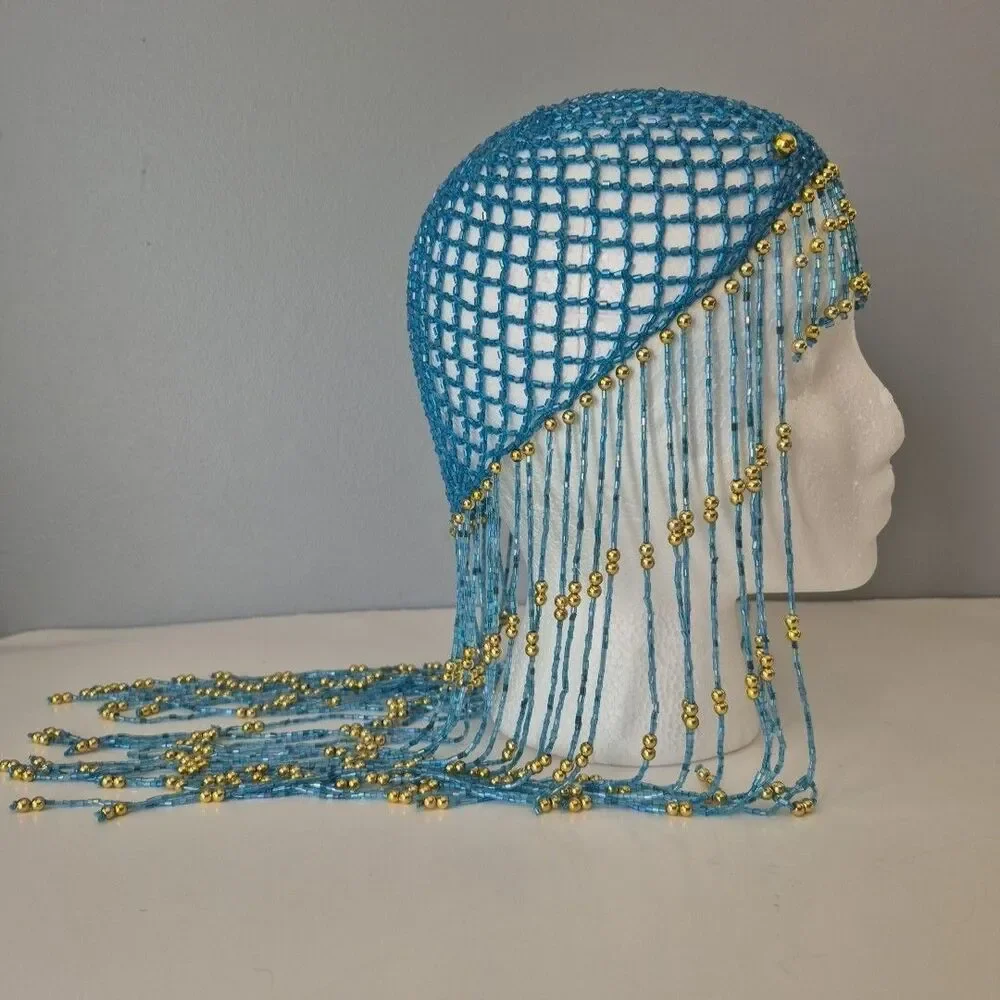 Egyptian Cleopatra Flapper Turquoise Gold Beaded Crochet Head Cap Costume Piece